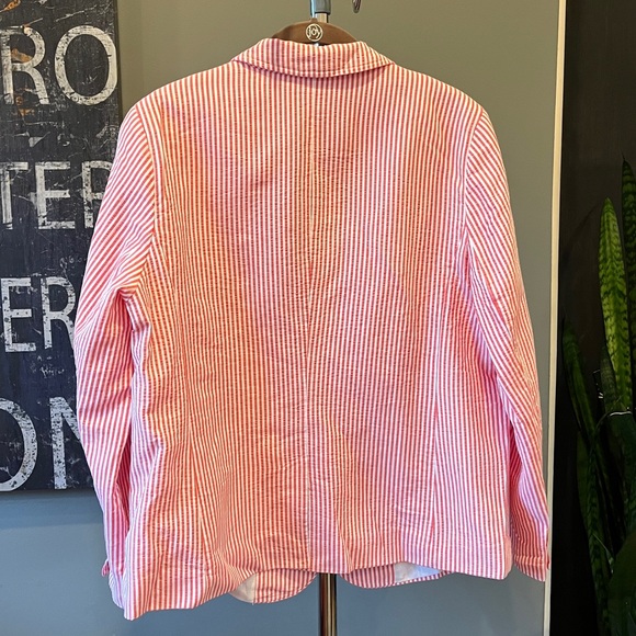 🥑 Talbots Sunshine Seersucker Blazer Orange White | 14 Petite | 100% Cotton - Picture 8 of 12